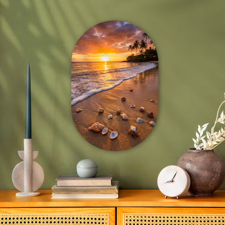 Strand - Zonsondergang - Palmbomen - Natuur - Oranje Wandcirkel Ovaal Forex klein -sfeer2