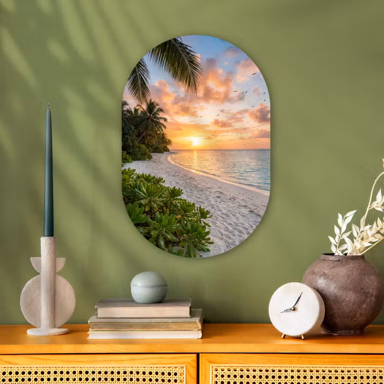 Strand - Zonsondergang - Palmbomen - Tropisch - Natuur Wandcirkel Ovaal Forex klein -sfeer2