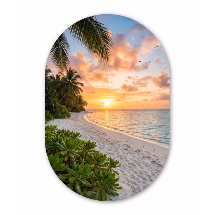 Strand - Zonsondergang - Palmbomen - Tropisch - Natuur Wandcirkel Ovaal Forex klein -3d