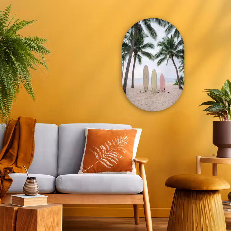 Surfboard - Palmbomen - Kleurrijk Wandcirkel Ovaal Forex klein -sfeer4