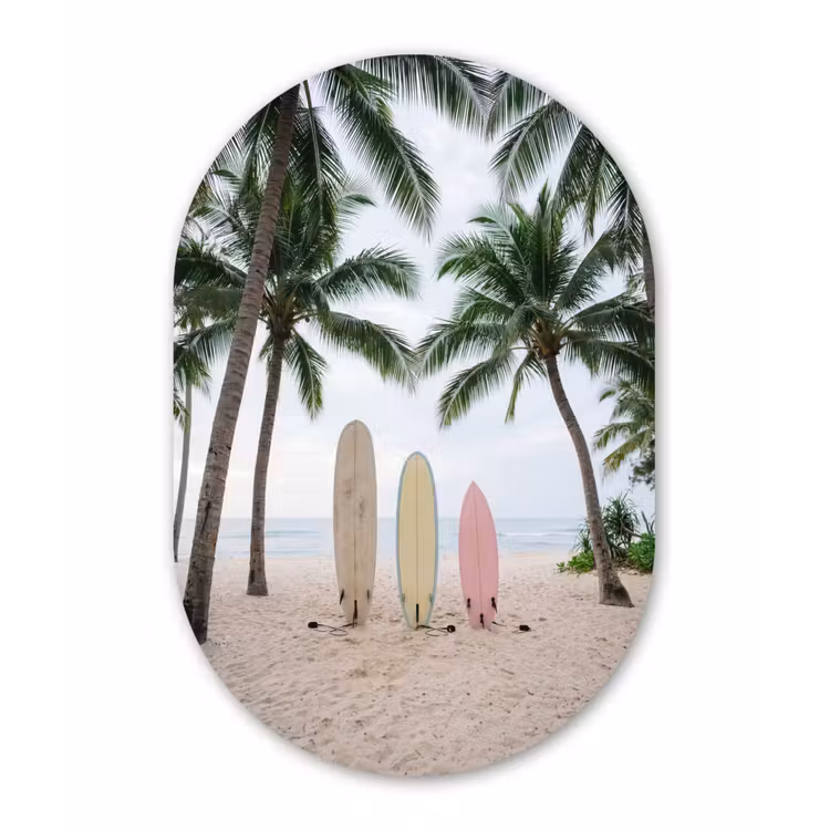 Surfboard - Palmbomen - Kleurrijk Wandcirkel Ovaal Forex klein -3d