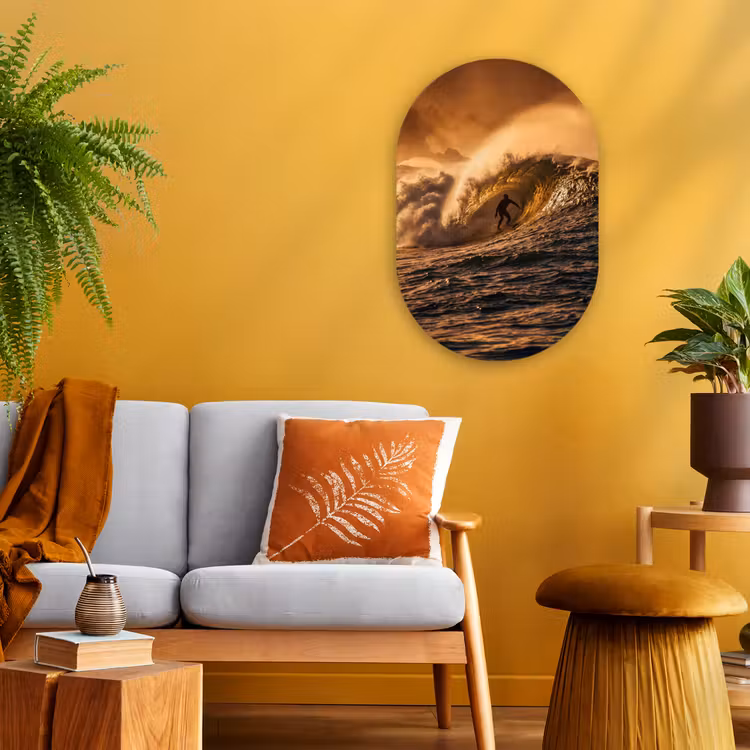 Surfer - Golf - Oceaan - Sport - Oranje Wandcirkel Ovaal Forex klein -sfeer4
