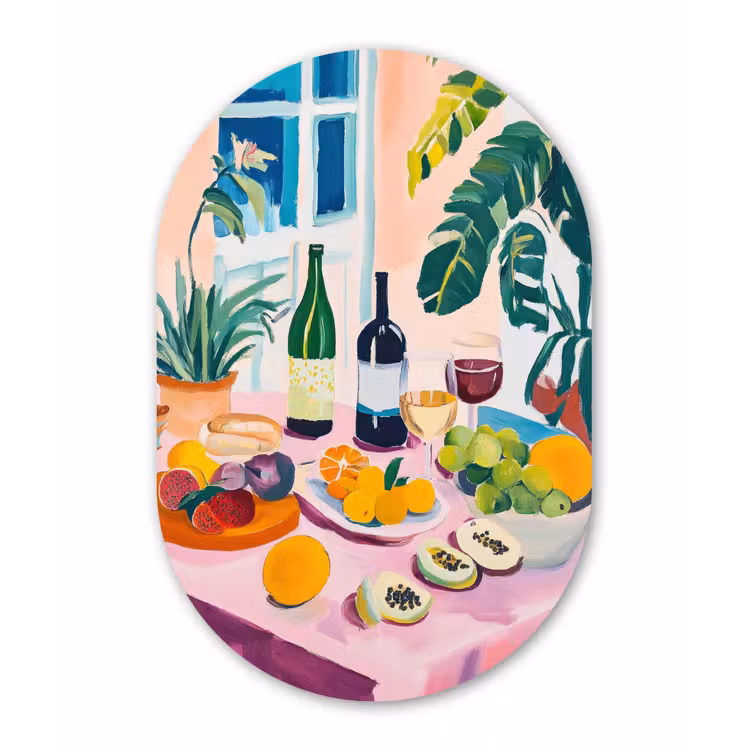 Tafel - Wijn - Fruit Wandcirkel Ovaal Forex klein -3d