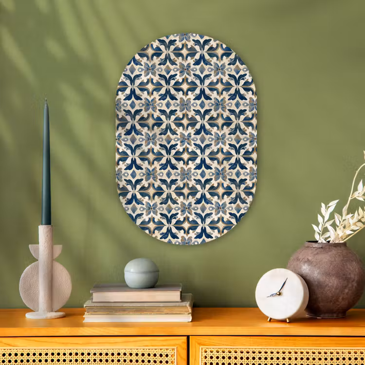 Tegel - Patroon - Blauw - Beige Wandcirkel Ovaal Forex klein 630 -sfeer2