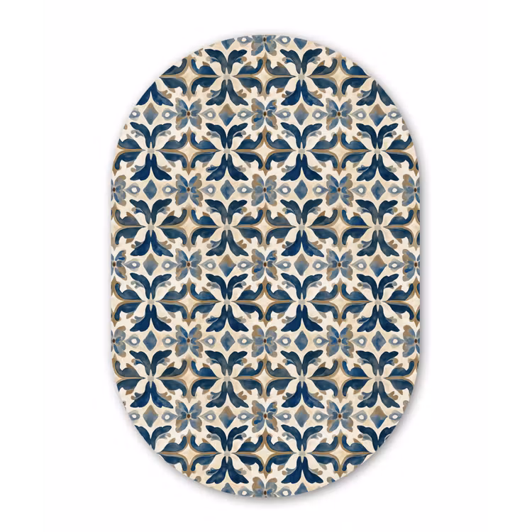 Tegel - Patroon - Blauw - Beige Wandcirkel Ovaal Forex klein 630 -3d