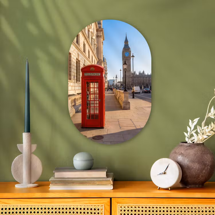 Telefooncel - Rood - Londen - Stad - Architectuur Wandcirkel Ovaal Forex klein -sfeer2