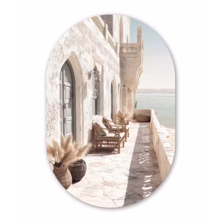 Terras - Stoelen - Strand - Beige Wandcirkel Ovaal Forex klein -3d