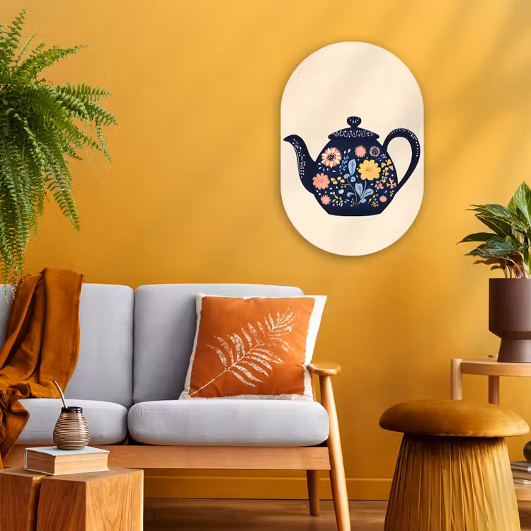 Theepot - Kleurrijk - Bloemen Wandcirkel Ovaal Forex klein -sfeer4