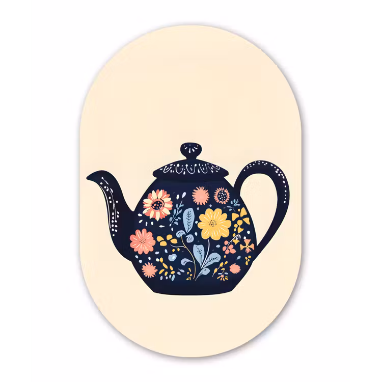 Theepot - Kleurrijk - Bloemen Wandcirkel Ovaal Forex klein -3d