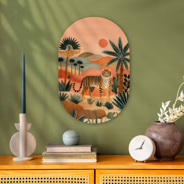 Tijger - Kleurrijk - Palmen - Cactus Wandcirkel Ovaal Forex klein -sfeer2