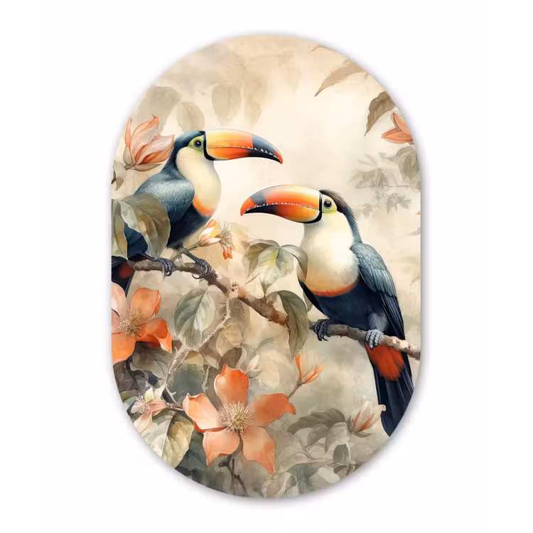 Toekan - Vogels - Bloemen - Tak Wandcirkel Ovaal Forex klein -3d