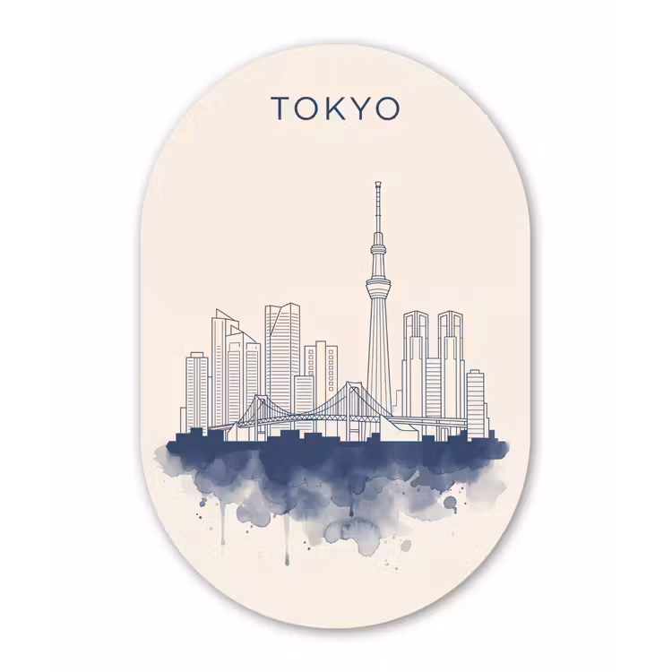 Tokyo - Skyline - Stad - Abstract - Blauw Wandcirkel Ovaal Forex klein -3d