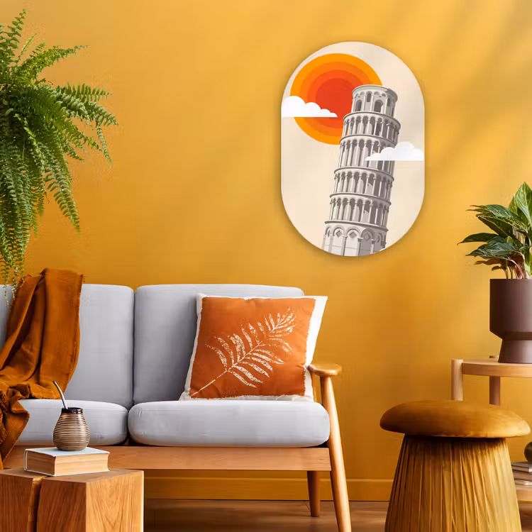 Toren - Pisa - Architectuur - Minimalistisch - Beige Wandcirkel Ovaal Forex klein -sfeer4