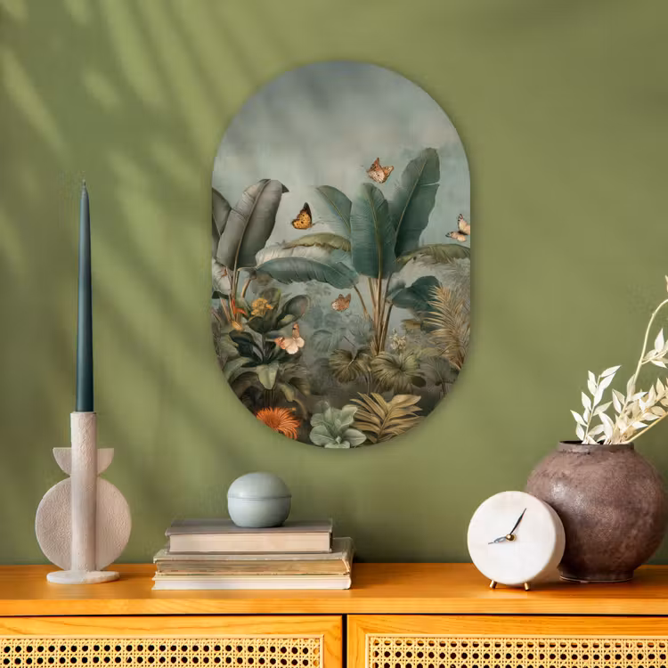 Tropisch bladerdek - Vlinders - groen - Bruin Wandcirkel Ovaal Forex klein -sfeer2