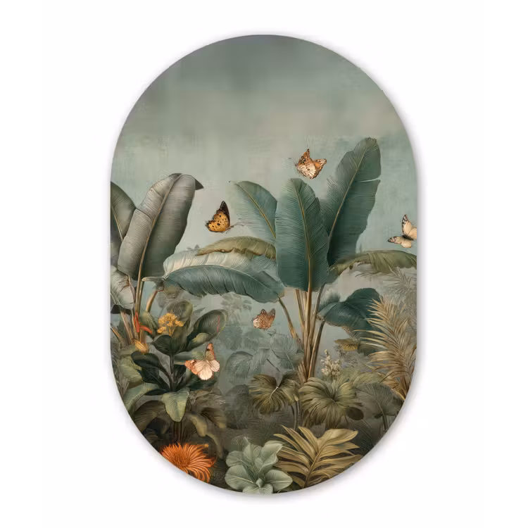 Tropisch bladerdek - Vlinders - groen - Bruin Wandcirkel Ovaal Forex klein -3d