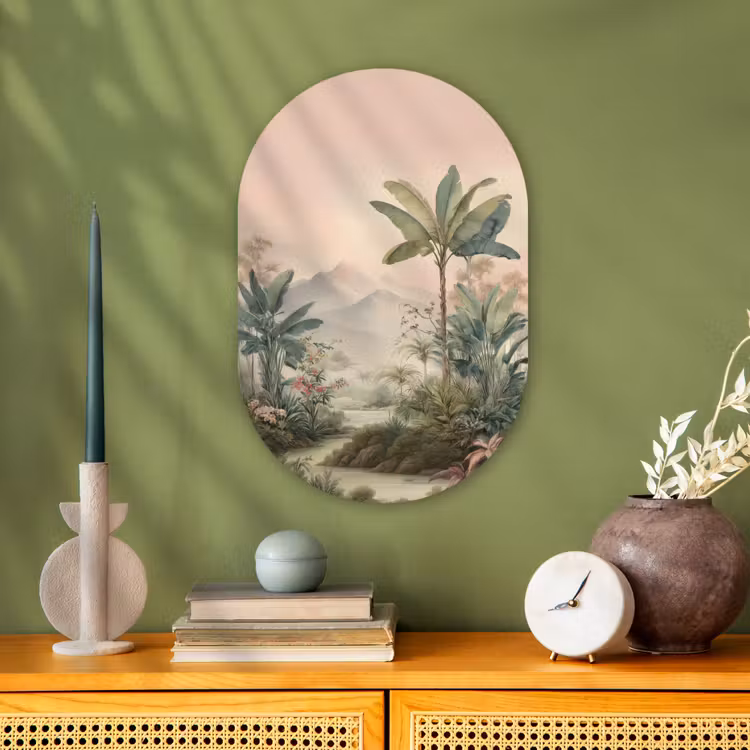 Tropisch landschap - palmbomen - Bloemen - Roze lucht Wandcirkel Ovaal Forex klein -sfeer2