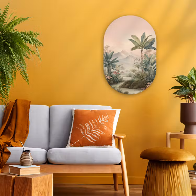 Tropisch landschap - palmbomen - Bloemen - Roze lucht Wandcirkel Ovaal Forex klein -sfeer4
