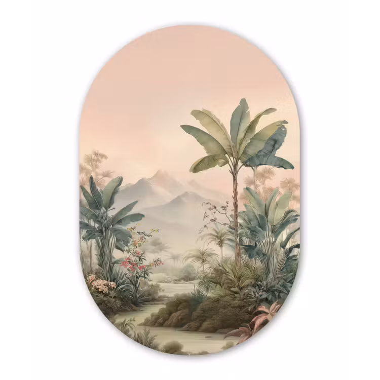 Tropisch landschap - palmbomen - Bloemen - Roze lucht Wandcirkel Ovaal Forex klein -3d