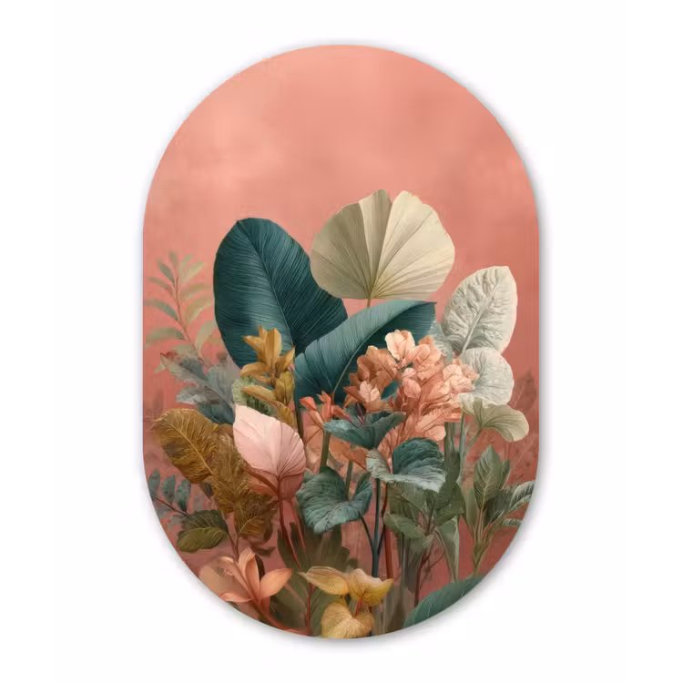 Tropische bladeren - Bloemen - Roze - groen Wandcirkel Ovaal Forex klein -3d