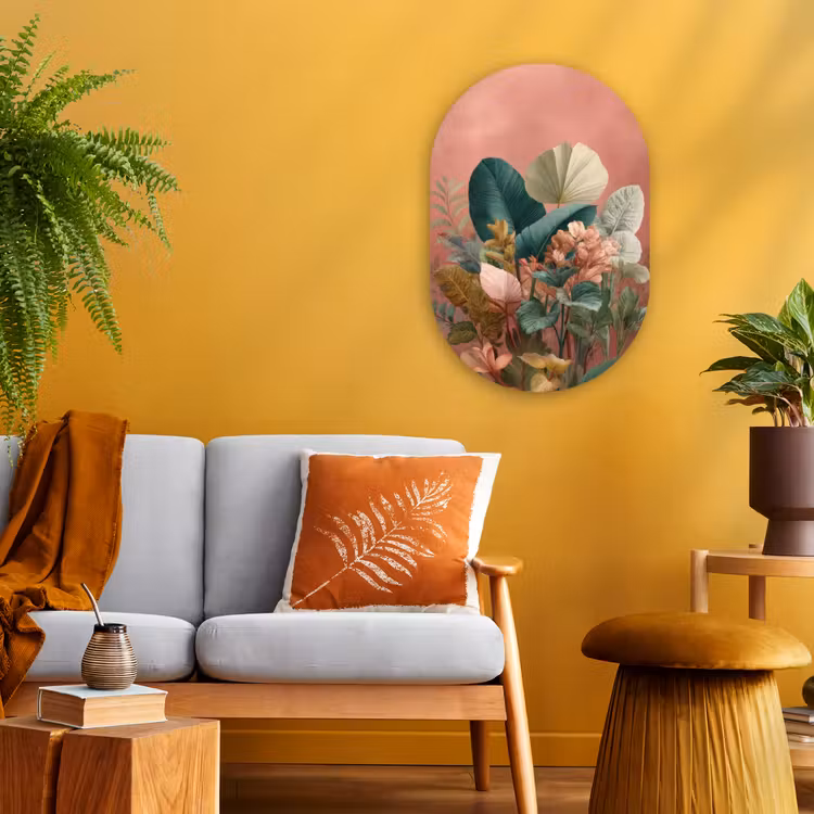 Tropische bladeren - Bloemen - Roze - groen Wandcirkel Ovaal Forex klein -sfeer4