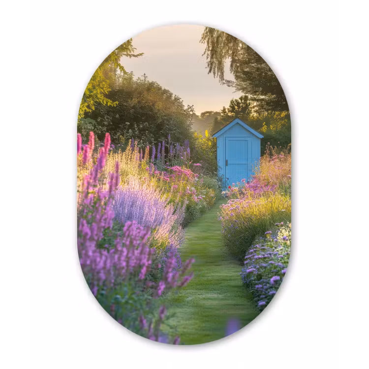 Tuinhuisje - Blauw - Bloemen Wandcirkel Ovaal Forex klein -3d