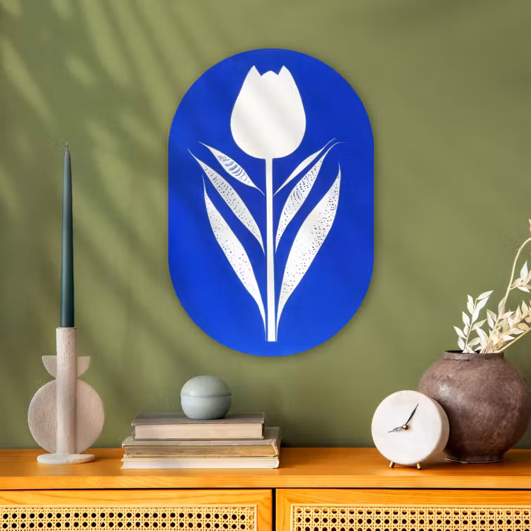 Tulp - Minimalistisch - Bladeren - Wit Wandcirkel Ovaal Forex klein -sfeer2