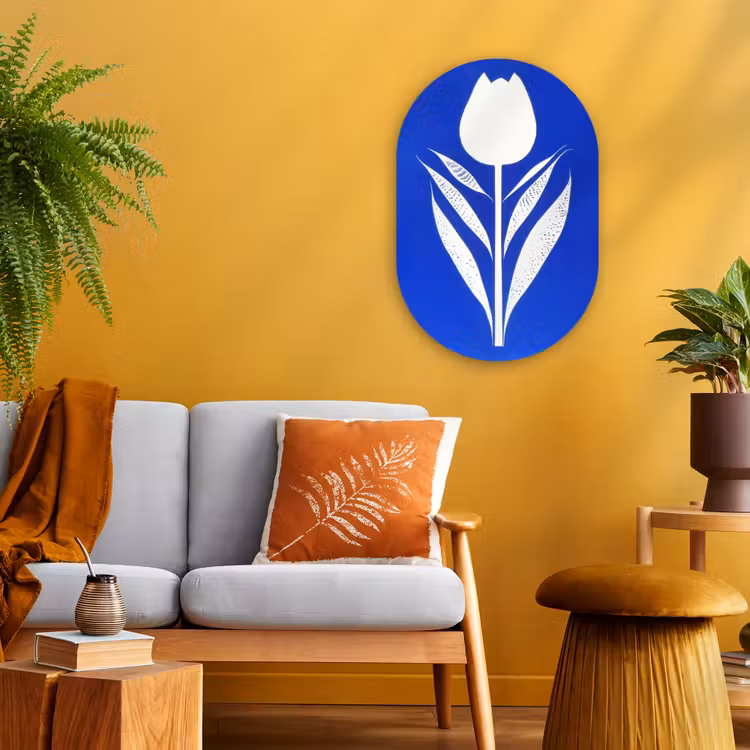 Tulp - Minimalistisch - Bladeren - Wit Wandcirkel Ovaal Forex klein -sfeer4