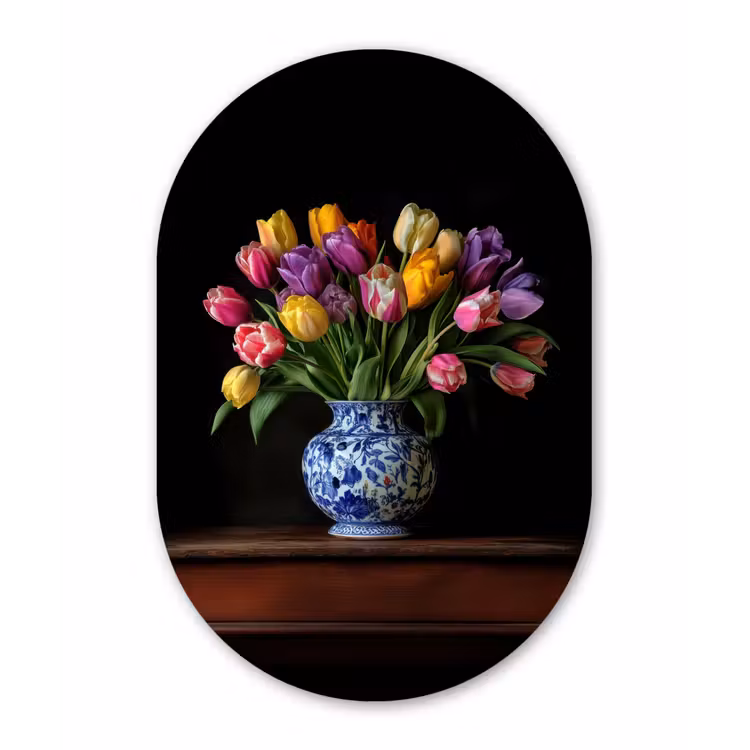Tulpen - Kleuren - Hout - Vaas Wandcirkel Ovaal Forex klein -3d