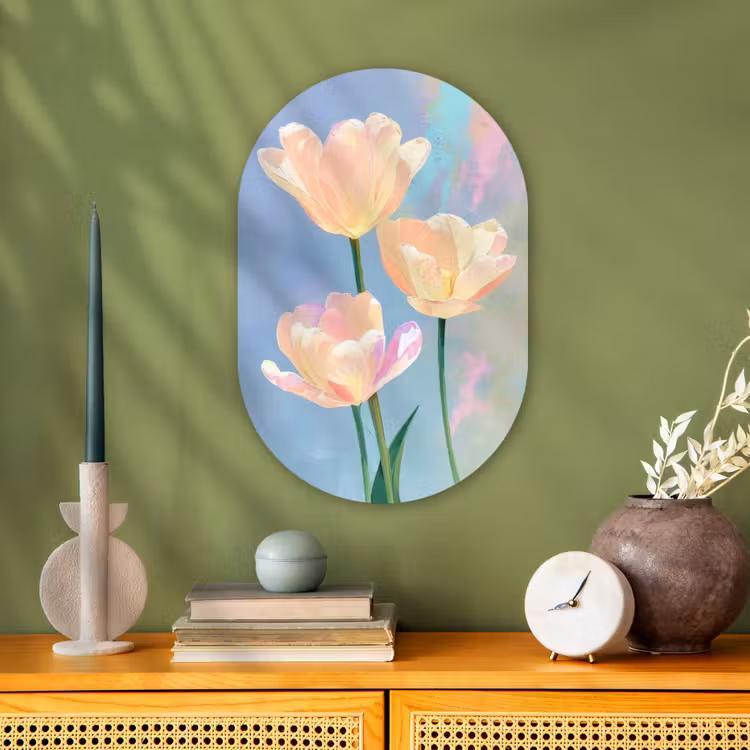 Tulpen - Roze accenten - Blauw Wandcirkel Ovaal Forex klein -sfeer2