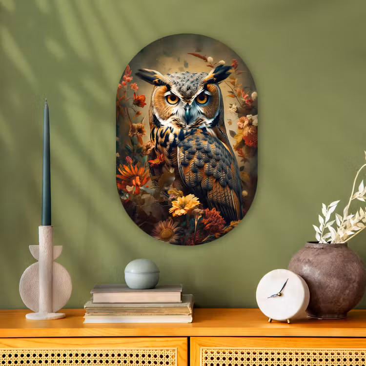 Uil - Vogel - Bloemen - Planten - Botanisch Wandcirkel Ovaal Forex klein -sfeer2