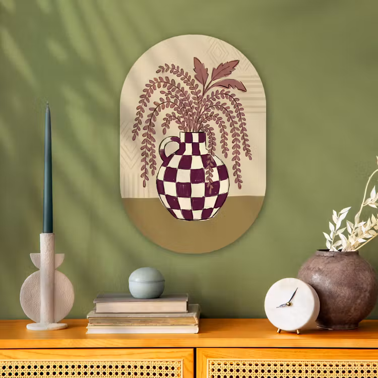 Vaas - Geruit - Planten - Modern - Paars Wandcirkel Ovaal Forex klein -sfeer2