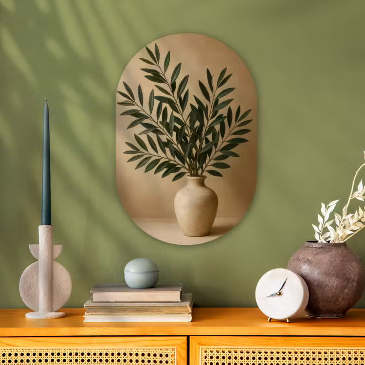 Vaas - Olijftakken - Bladeren - Beige Wandcirkel Ovaal Forex klein -sfeer2