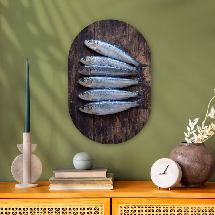 Muurovaal - Vis - Hout - Eten - Vis - Hout - Eten Wandcirkel Ovaal Forex klein
