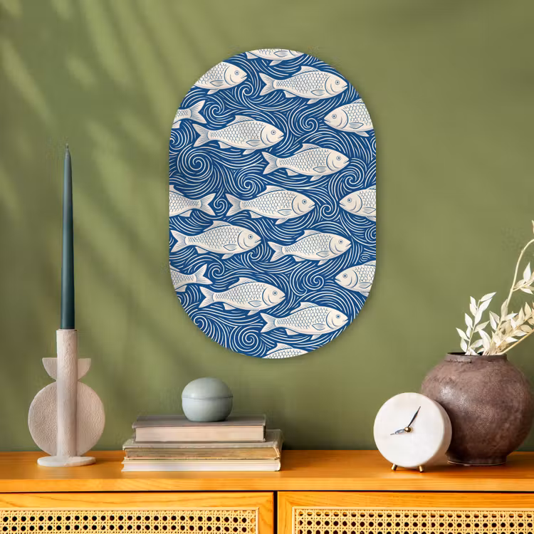 Vis - Water - Patroon - Grafisch - Blauw Wandcirkel Ovaal Forex klein -sfeer2