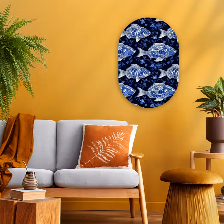 Vissen - Bloemen - Blauw Wandcirkel Ovaal Forex klein 630 -sfeer4