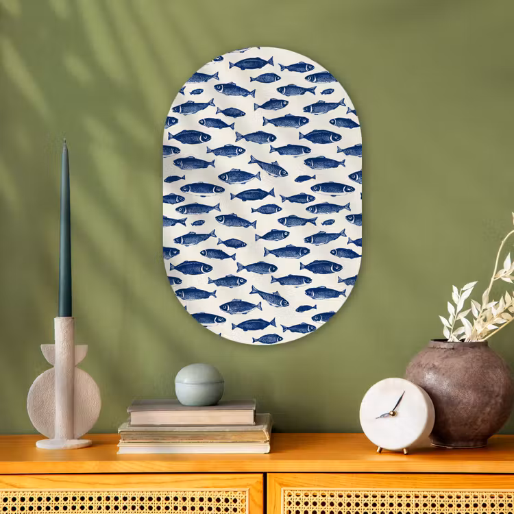 Vissen - Patroon - Blauw - Wit Wandcirkel Ovaal Forex klein 630 -sfeer2