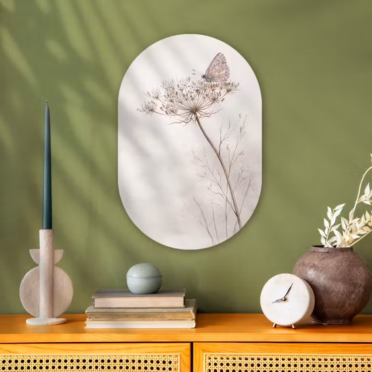 Vlinder - Bloem -Natuur - Beige Wandcirkel Ovaal Forex klein -sfeer2