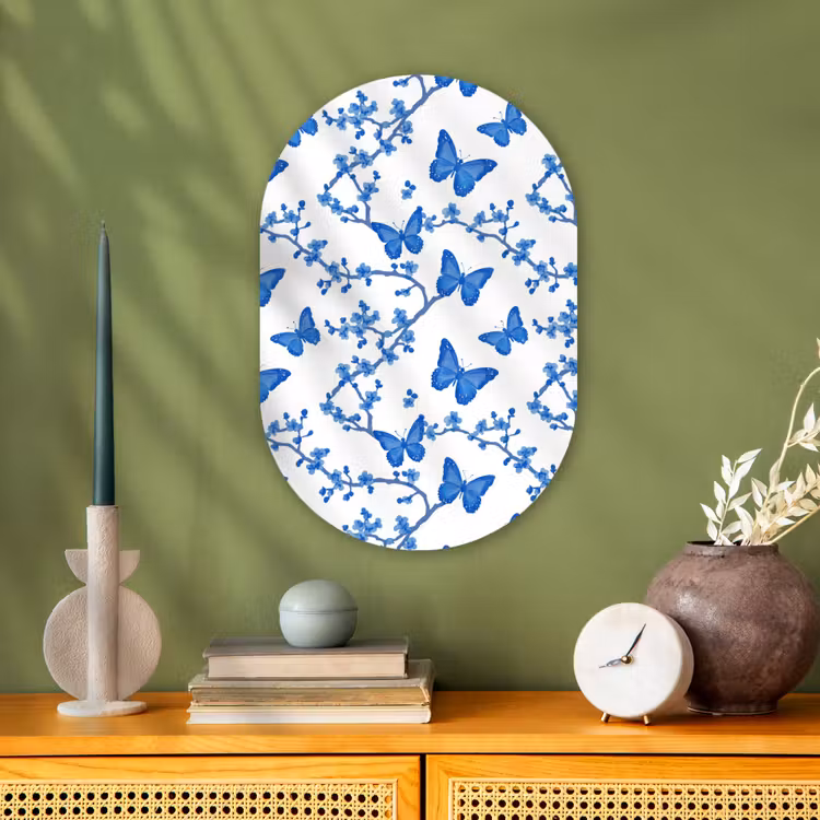 Vlinder - Bloemen - Blauw Wandcirkel Ovaal Forex klein 630 -sfeer2