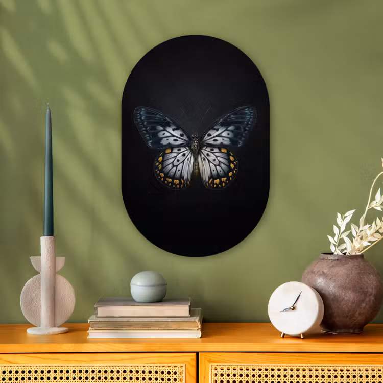 Vlinder - Monochroom - Balans Wandcirkel Ovaal Forex klein -sfeer2