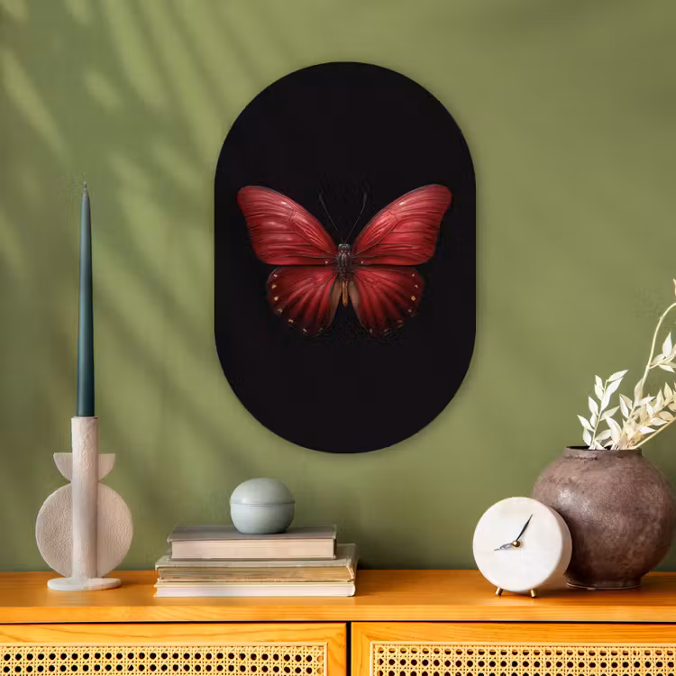 Vlinder - Rood - Minimalistisch Wandcirkel Ovaal Forex klein -sfeer2