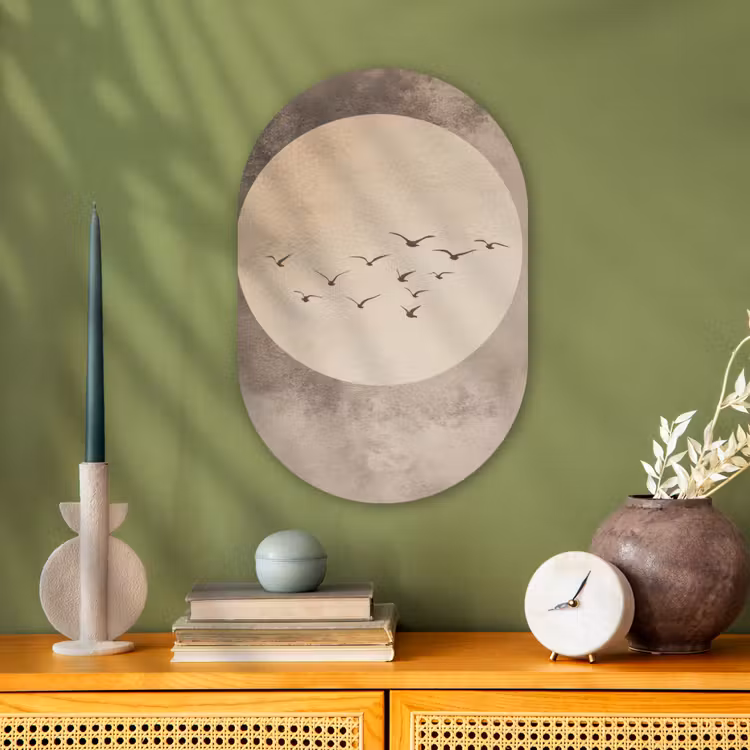 Vogel - Beige - Japandi Wandcirkel Ovaal Forex klein -sfeer2