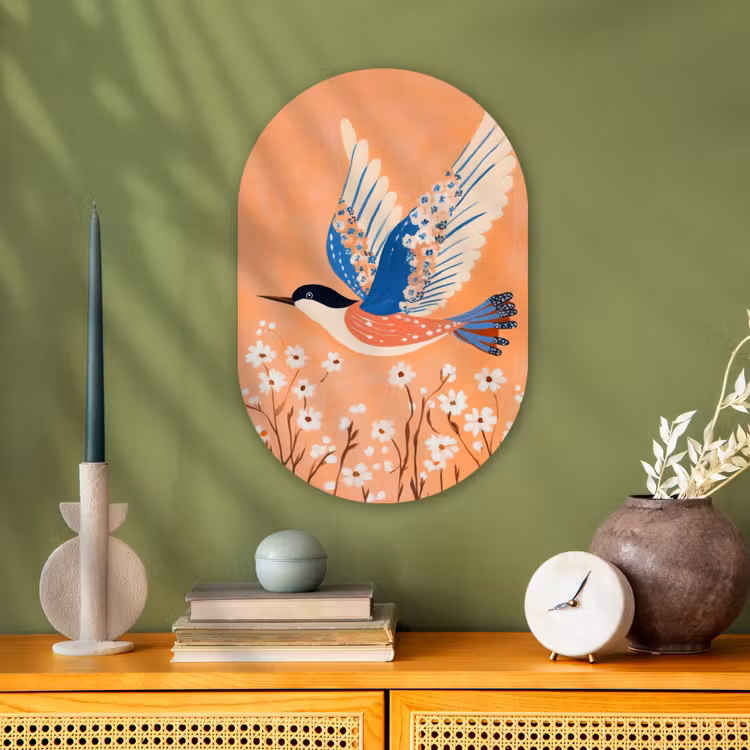 Vogel - Bloesemtakken - Warm - Kleurrijk Wandcirkel Ovaal Forex klein -sfeer2