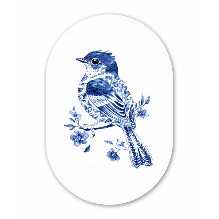 Vogel - Delfts blauw - Illustratie - Bloemen Wandcirkel Ovaal Forex klein -3d