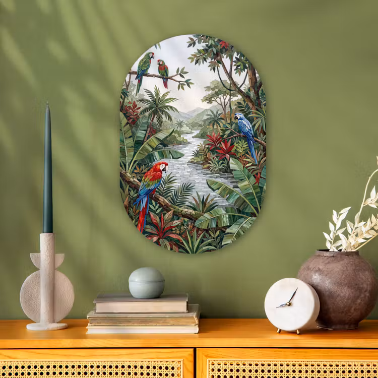 Vogel - Jungle - Natuur - Mozaïek - Groen Wandcirkel Ovaal Forex klein -sfeer2