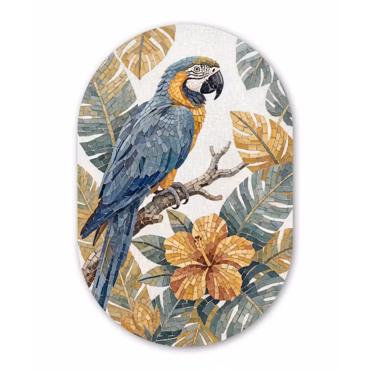 Vogel - Tak - Natuur - Mozaïek - Blauw Wandcirkel Ovaal Forex klein -3d