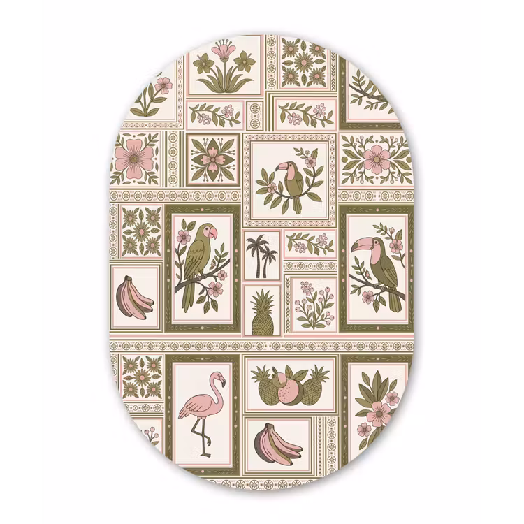 Vogel - Tropisch - Patroon - Decoratief - Groen Wandcirkel Ovaal Forex klein -3d