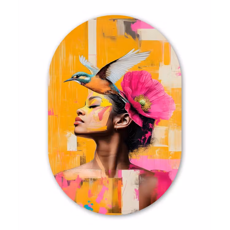 Vogel - Vrouw - Abstract - Bloem Wandcirkel Ovaal Forex klein -3d