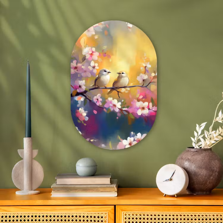 Vogels - Bloemen - Roze Wandcirkel Ovaal Forex klein -sfeer2