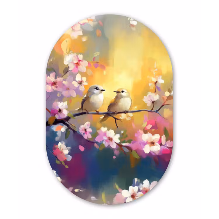 Vogels - Bloemen - Roze Wandcirkel Ovaal Forex klein -3d