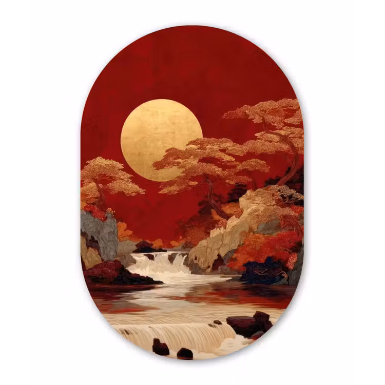 Volle maan - Landschap - Waterval Wandcirkel Ovaal Forex klein -3d